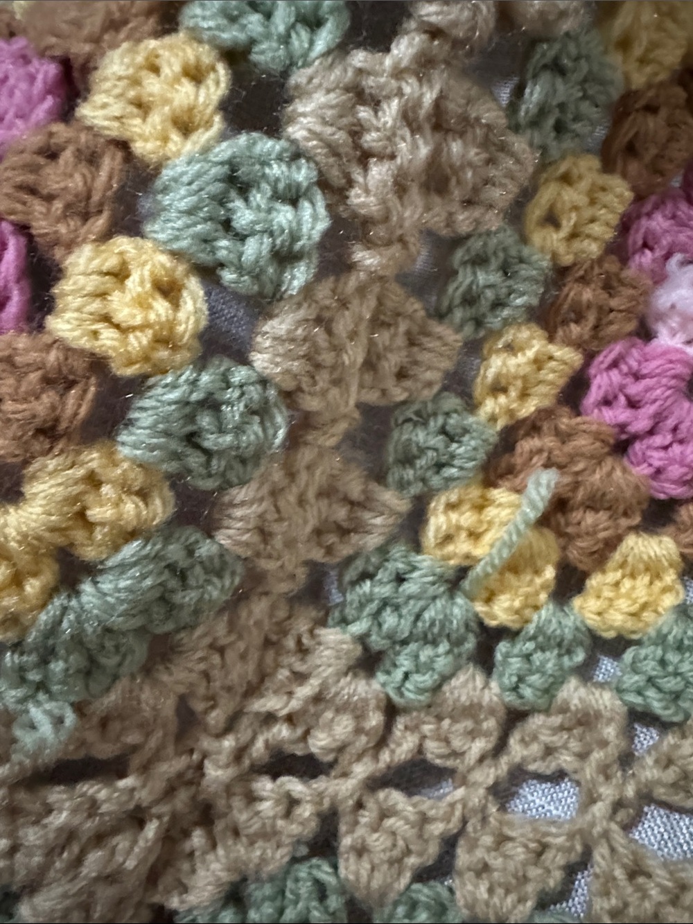 Handmade Blanket-Crocheted Granny Square-Pink/Brown/Green/Yellow-Gently Used - Picture 16 of 17